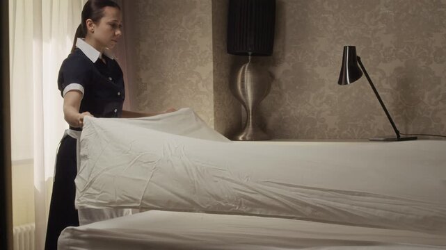 Side view shot of Caucasian young adult maid making bed in hotel room, throwing sheet over mattress in slow motion. Perfect for hospitality industry marketing and hotel service promotion