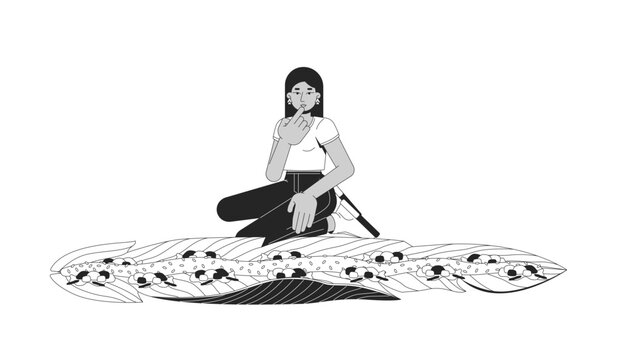 Woman enjoying nasi liwet served on banana leaves line art character. Indonesian communal dining tradition. Southeast asian female isolated vector outline person. Black and white spot illustration