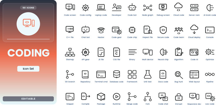 Coding outline icon set. Including icons of coding, programming, developer, software, code, html, bug, and more. Vector illustration with editable stroke.