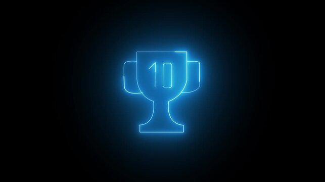 Glowing blue neon trophy icon with number ten on black background