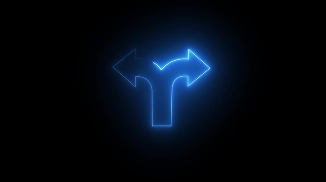 Glowing blue neon arrow sign splitting into two directions on a dark background