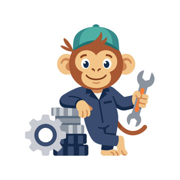 Cute cartoon monkey mechanic with wrench and gears, ready for work