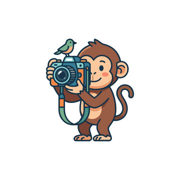 Cute cartoon monkey with camera and bird on white background, photography concept
