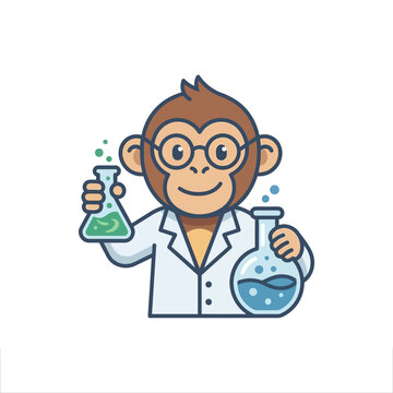 Funny Monkey Scientist Holding Flasks with Colorful Liquids, Cartoon Style