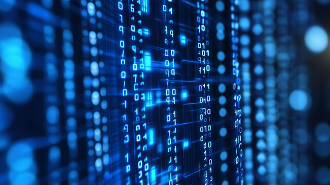 Abstract Blue Binary Code Background with Digital Data Stream and Cyber Technology Concept