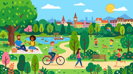 Naklejka premium Illustrated Park Scene with People Enjoying Outdoor Activities.