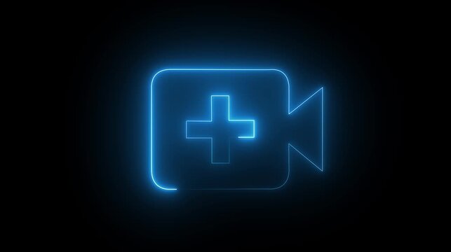 Glowing blue neon medical cross icon made of light lines on a dark background