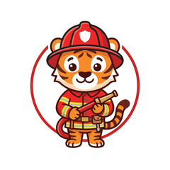 Fototapeta premium Cute Firefighter Tiger Character Holding Hose, Cartoon Animal in Uniform, Vector Illustration