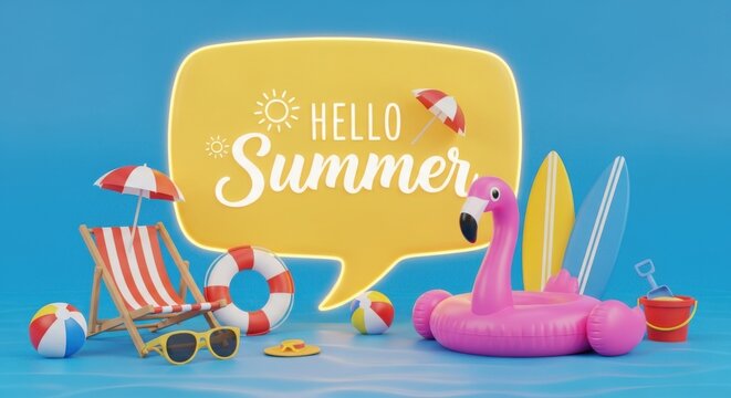 Hello summer text with beach vacation items and flamingo pool float