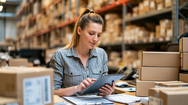 Female warehouse worker managing inventory and logistics using a digital tablet, overseeing shipping, receiving, and supply chain operations in a distribution center