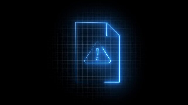 Glowing blue neon document icon with a warning triangle sign on a dark grid background