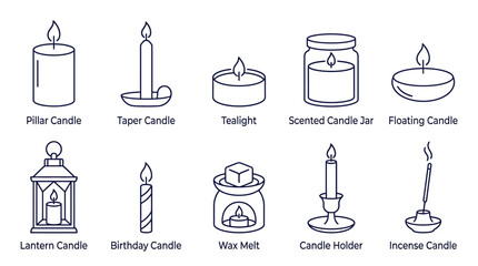 Collection of Thin Line Icons Depicting Various Types of Decorative Candles © matahari