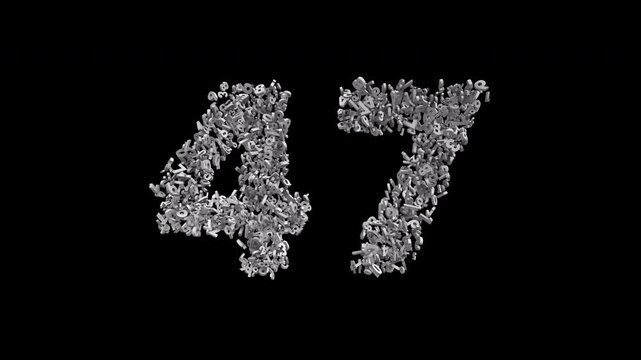 Number 47 Formed by Small Digits Animation with Alpha Channel. Typographic Number Formation Effect. Digital Number Made of Numbers. 3D Font Typographic Animation. Transparent BG
