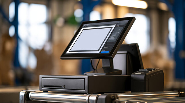 Point of sale terminal with touch screen display, cash drawer, and receipt printer, offering modern retail technology and efficient transaction processing solutions