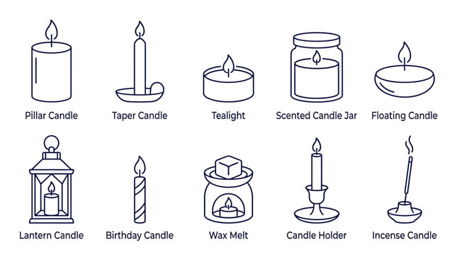 Collection of Thin Line Icons Depicting Various Types of Decorative Candles
