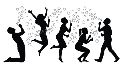 Fototapeta premium Silhouettes of joyful people blowing soap bubbles and jumping in air