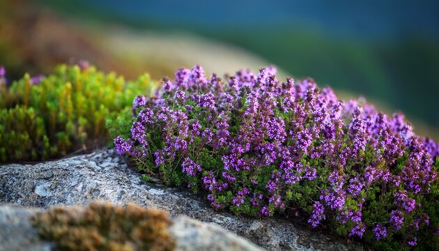 Closeup Picture Of Purple Creeping Thyme Plant In Summer Wild Thymus Serpyllum Spices Blooms On A Rock Background Fresh Flowering Nature Wallpaper Of Herbal Varieties In Carpathian Alps Of Ukraine