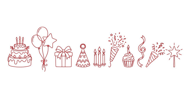 Birthday party outline icon set with cake balloons gift box and party popper