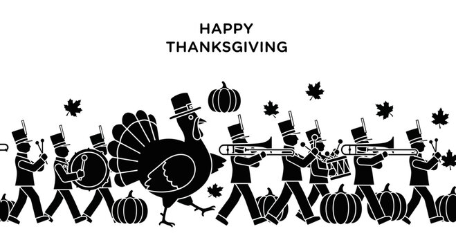 A festive Thanksgiving parade illustration featuring a turkey and marching band musicians.