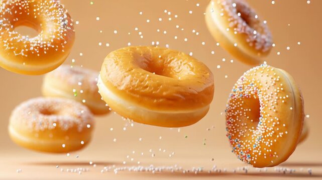 Floating donuts with colorful sprinkles against warm background