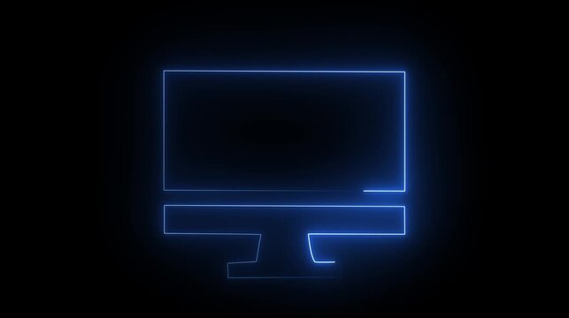 Glowing blue neon computer monitor outline icon isolated on a dark black background