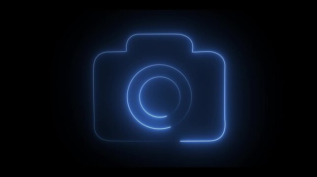 Glowing blue neon camera icon outline on a dark black background