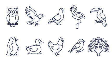 Fototapeta premium Vector bird icons set featuring owl eagle pigeon flamingo duck and peacock