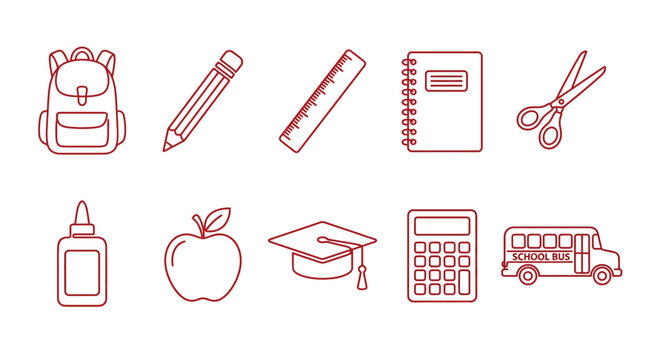 Collection of Red Outline School Supplies and Education Icons for Back to School and Learning