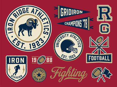 Vintage Retro American Football Collegiate Badges Stickers Bundle &mdash; University Athletics Gridiron Champions Varsity Team Logos Graphic Design Elements Set