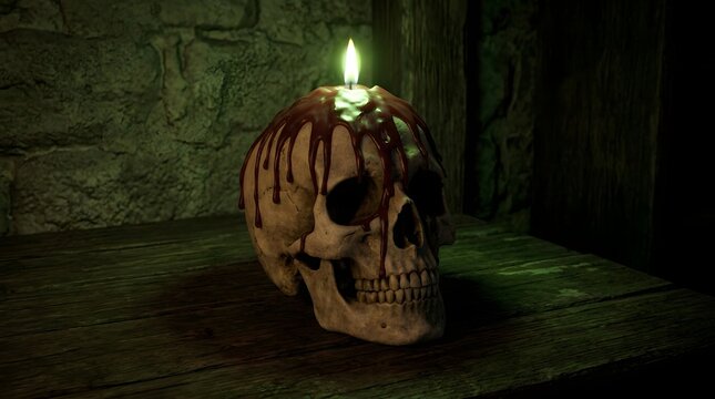 Spooky skull candle burning with an eerie green flame for Halloween decoration, horror concept and gothic dark art