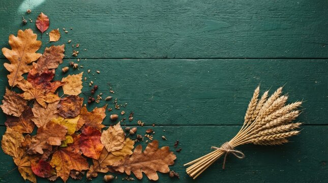 Festive thanksgiving autumn scene colorful fall leaves wheat sheaves acorns on rustic wood background for holiday decor