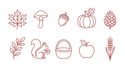 Autumn season line icons set with pumpkin maple leaf squirrel acorn © matahari