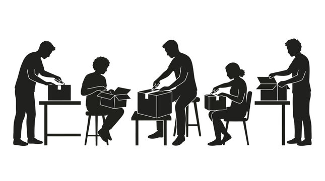 Black silhouettes of workers packing cardboard boxes in a warehouse