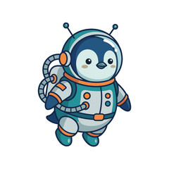 Fototapeta premium Cute Penguin Astronaut Floating in Space, Cartoon Character