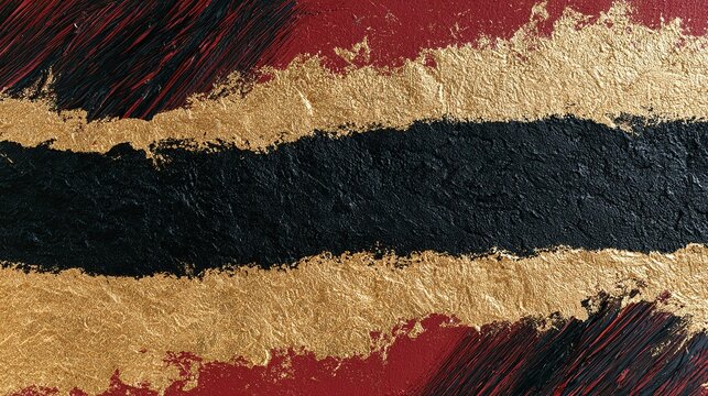 Multi-textured abstract art backdrop, thick dark red charcoal diagonal brush strokes at corners, wide horizontal textured black stripe splitting layout, metallic gold foil textured splashes framing ce