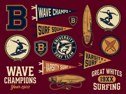 Retro Collegiate Surfing Graphic Bundle &mdash; Varsity Wave Champions Great Whites University Surf Team Shark Mascot Surfboard Badges Pennants Design Elements Set