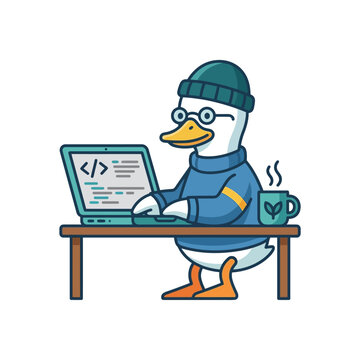 Programmer Duck Coding on Laptop with Coffee Cup, Cute Cartoon Character