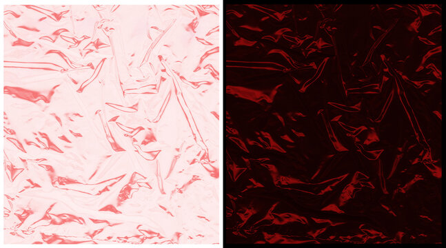 Crumpled red foil texture background, metallic creased paper surface in light and dark tones, shiny wrinkled plastic wrap overlay for luxury packaging