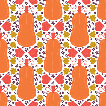Seamless Pumpkin Diamond Repeat Pattern with Autumn Leaves and Daisy Flowers Fall Hand Drawn Vector Illustration for Thanksgiving Holiday