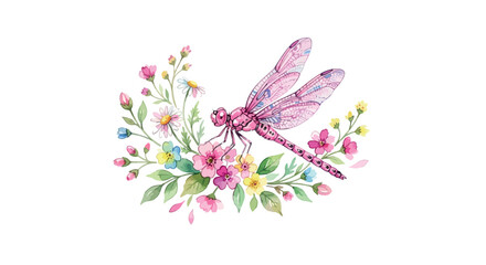 Watercolor dragonfly illustration with floral ornament and delicate wings © rita