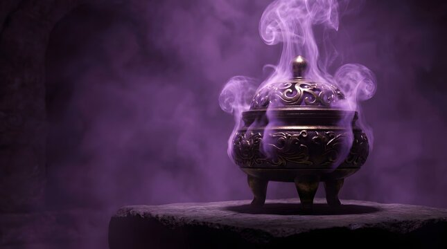 Mystical Halloween purple cauldron glowing with magical smoke in a dark fantasy ritual setting