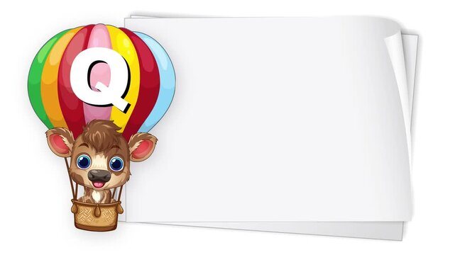 Cartoon Animal in Hot Air Balloon Floating Beside Blank White Sign