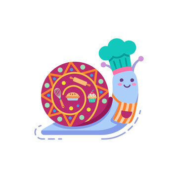 Cute Cartoon Chef Snail with Baking Tools and Pastries on Shell