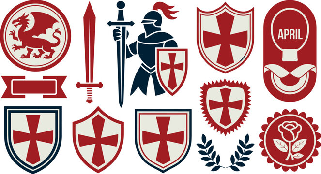 Art & IllustrationMedieval Knights Templar Heraldic Vector Icon Set with Crusader Shields, Red Crosses, Swords, Dragon, and Saint George England Culture Elements for Design