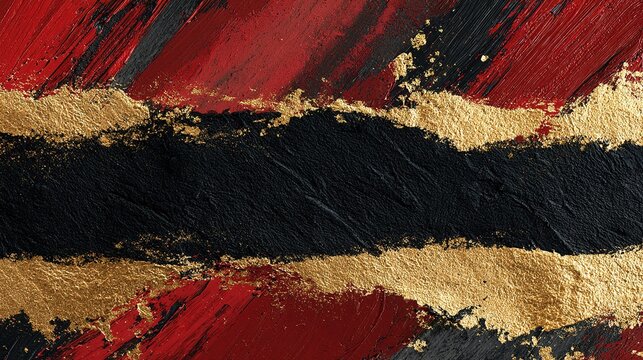 Multi-textured abstract art backdrop, thick dark red charcoal diagonal brush strokes at corners, wide horizontal textured black stripe splitting layout, metallic gold foil textured splashes framing ce