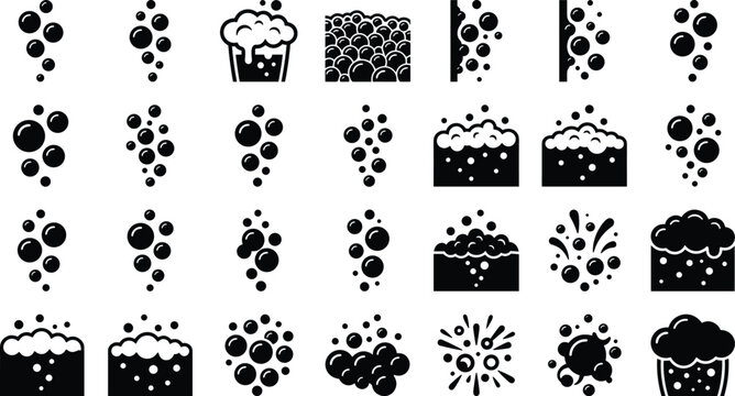 Collection of soap bubbles, foam, and effervescence vector icons featuring rising bubbles and soapy foam layers
