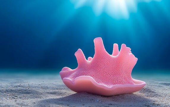 Pink coral on sandy seabed, underwater sunbeams