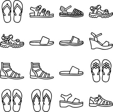 Summer footwear outline icons set featuring various styles of sandals and flip flops, footwear