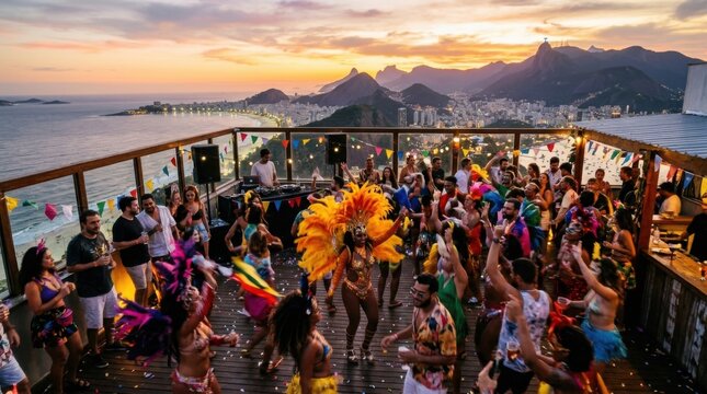 Panoramic high angle perspective view of travellers gathered at observation deck terrace overlooking dawn sunset over bay