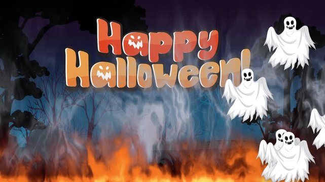 Animated Happy Halloween Greeting with Floating Ghosts and Ground Fire